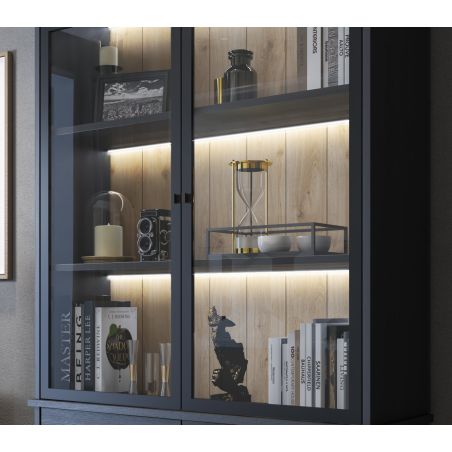 Salle à manger complète GABRIEL DARK en décor chêne noir avec table 210 cm et LED