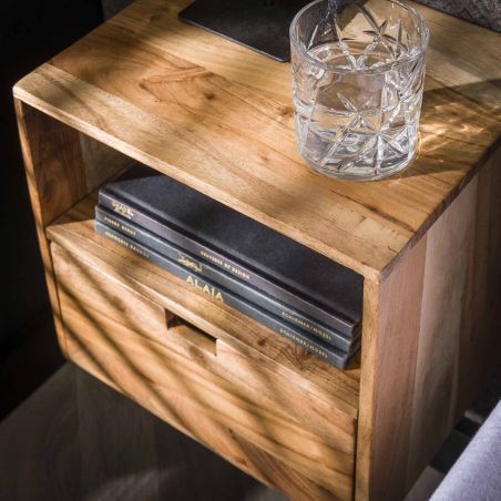 Set de 2 chevets WAREN en bois d'acacia avec 1 tiroir et 1 niche
