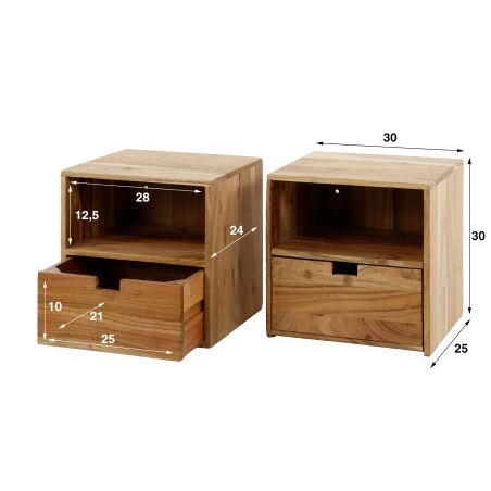 Set de 2 chevets WAREN en bois d'acacia avec 1 tiroir et 1 niche