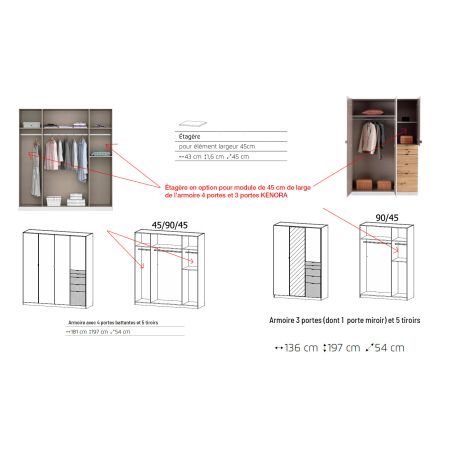 Kit de 3 étagères pour armoire CHARLIE 181 cm ou 271 cm