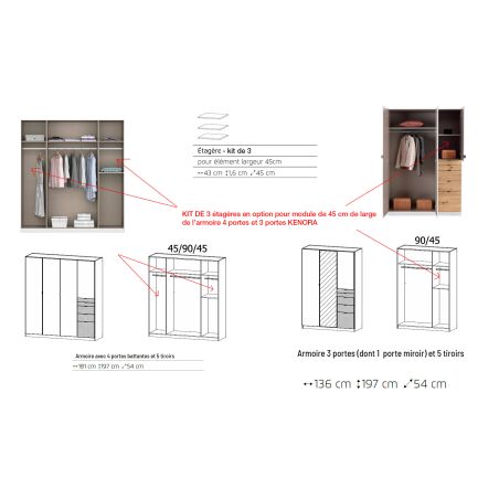 lot de 3 étagères 43 cm pour armoire KENORA 4 portes ou 3 portes