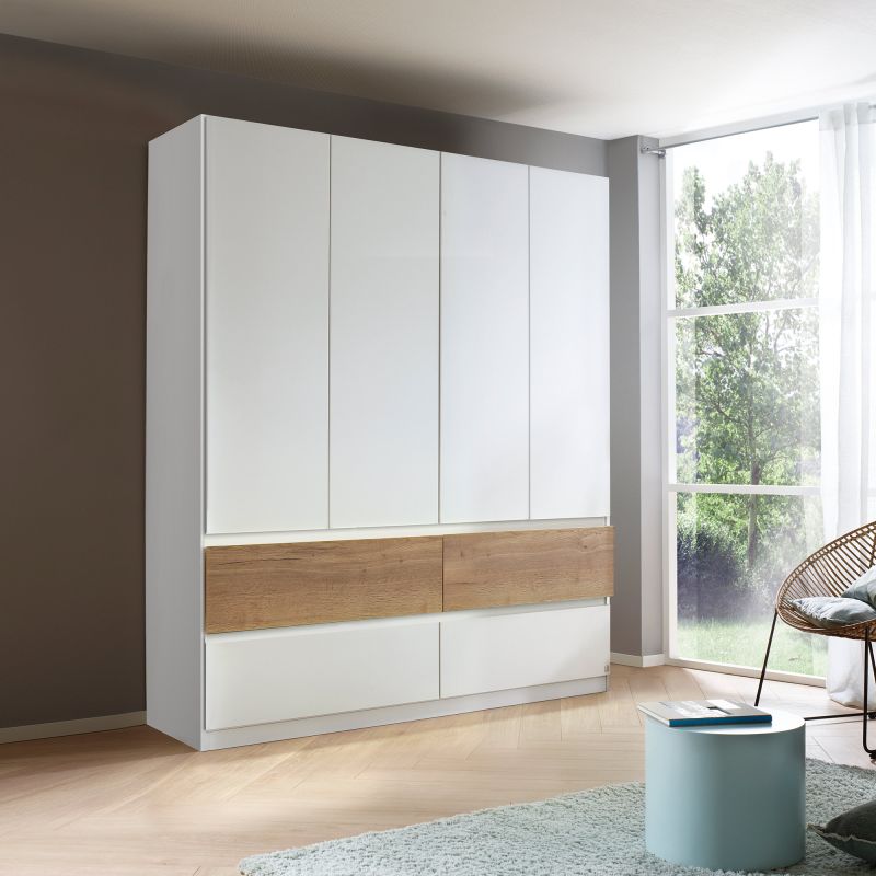 Armoire 181 cm WINDSOR avec 4 portes et 4 tiroirs en décor blanc mat et chene halifax