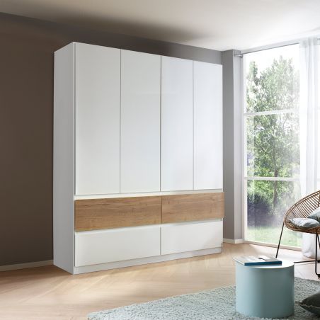 Armoire 181 cm WINDSOR avec 4 portes et 4 tiroirs en décor blanc mat et chene halifax