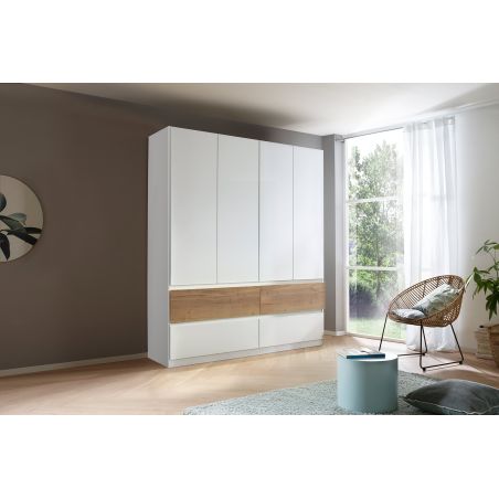 Armoire 181 cm WINDSOR avec 4 portes et 4 tiroirs en décor blanc mat et chene halifax