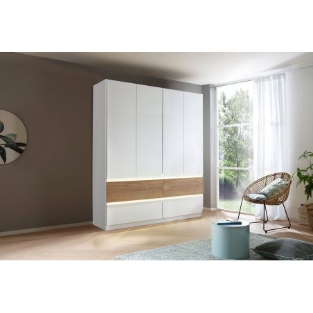 Armoire 181 cm WINDSOR avec 4 portes et 4 tiroirs en décor blanc mat et chene halifax