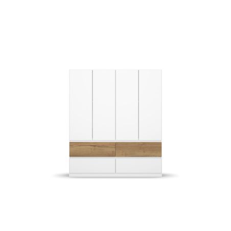 Armoire 181 cm WINDSOR avec 4 portes et 4 tiroirs en décor blanc mat et chene halifax