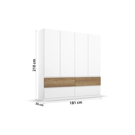 Armoire 181 cm WINDSOR avec 4 portes et 4 tiroirs en décor blanc mat et chene halifax