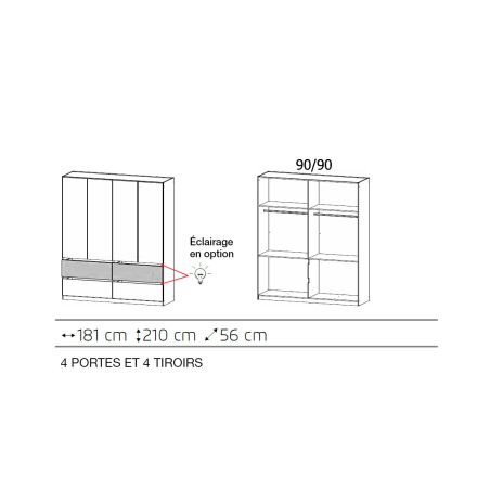 Armoire 181 cm WINDSOR avec 4 portes et 4 tiroirs en décor blanc mat et chene halifax