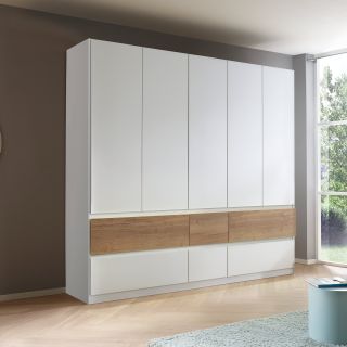 Armoire 226 cm WINDSOR avec 5 portes et 6 tiroirs en décor blanc mat et chene halifax