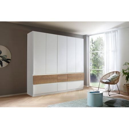 Armoire 226 cm WINDSOR avec 5 portes et 6 tiroirs en décor blanc mat et chene halifax