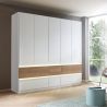 Armoire 226 cm WINDSOR avec 5 portes et 6 tiroirs en décor blanc mat et chene halifax