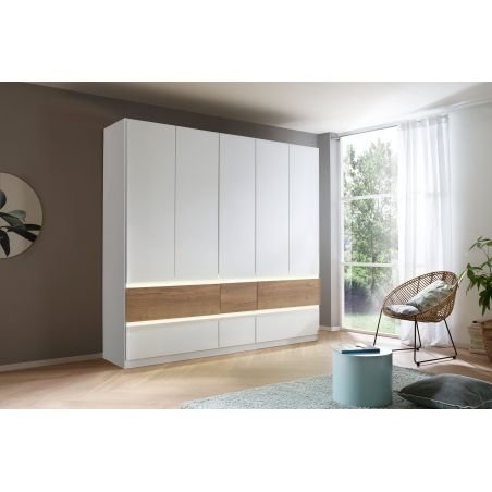 Armoire 226 cm WINDSOR avec 5 portes et 6 tiroirs en décor blanc mat et chene halifax