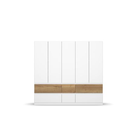 Armoire 226 cm WINDSOR avec 5 portes et 6 tiroirs en décor blanc mat et chene halifax
