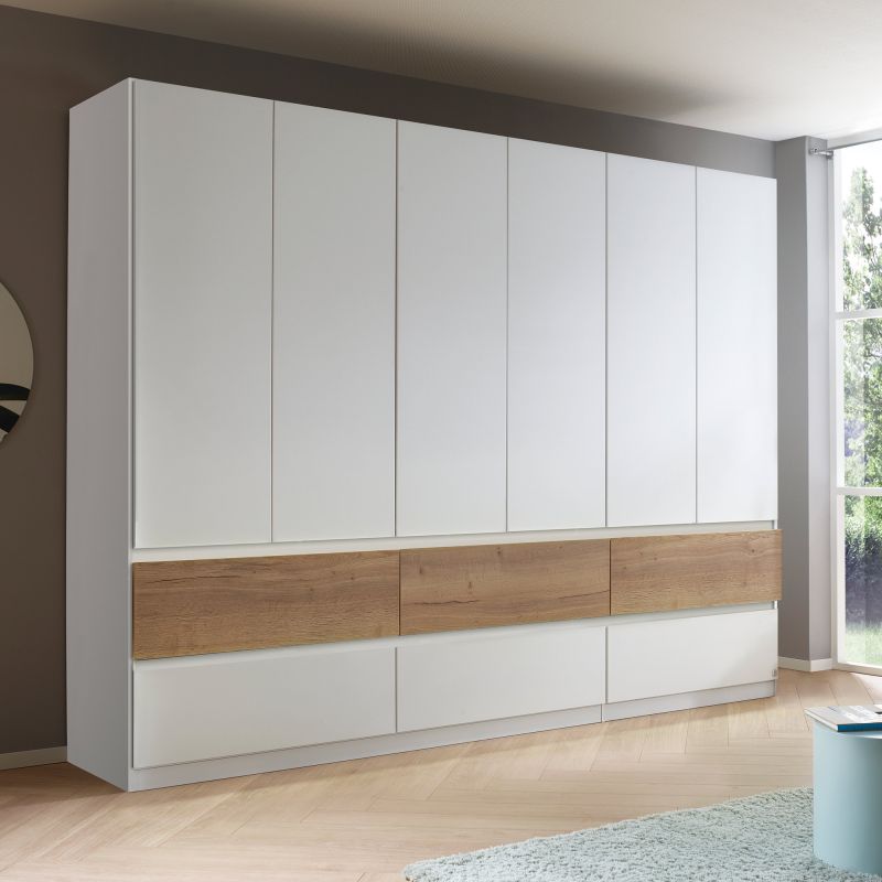 Armoire 271 cm WINDSOR avec 6 portes et 6 tiroirs en décor blanc mat et chene halifax