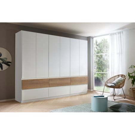 Armoire 271 cm WINDSOR avec 6 portes et 6 tiroirs en décor blanc mat et chene halifax