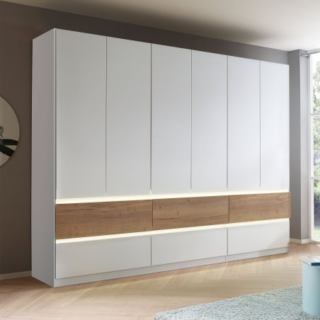 Armoire 271 cm WINDSOR avec 6 portes et 6 tiroirs en décor blanc mat et chene halifax