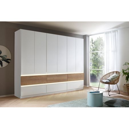Armoire 271 cm WINDSOR avec 6 portes et 6 tiroirs en décor blanc mat et chene halifax