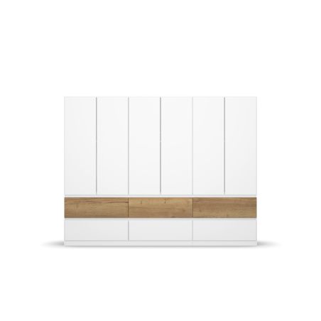 Armoire 271 cm WINDSOR avec 6 portes et 6 tiroirs en décor blanc mat et chene halifax