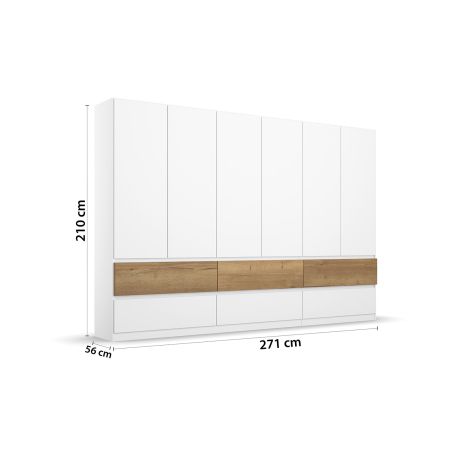 Armoire 271 cm WINDSOR avec 6 portes et 6 tiroirs en décor blanc mat et chene halifax