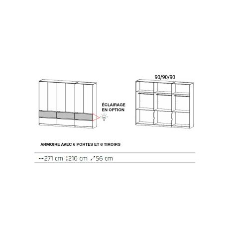 Armoire 271 cm WINDSOR avec 6 portes et 6 tiroirs en décor blanc mat et chene halifax