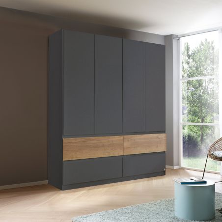 Armoire 181 cm WINDSOR avec 4 portes et 4 tiroirs en décor gris mat et chene halifax