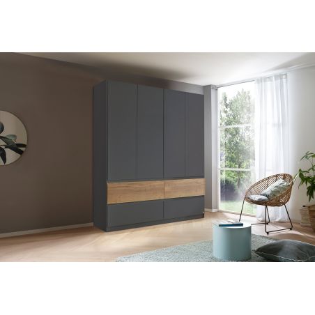 Armoire 181 cm WINDSOR avec 4 portes et 4 tiroirs en décor gris mat et chene halifax