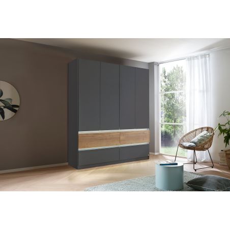 Armoire 181 cm WINDSOR avec 4 portes et 4 tiroirs en décor gris mat et chene halifax