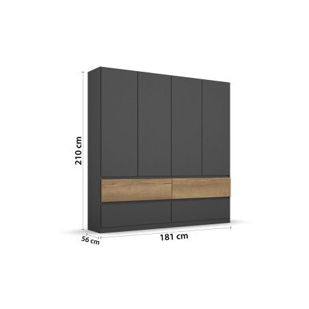 Armoire 181 cm WINDSOR avec 4 portes et 4 tiroirs en décor gris mat et chene halifax