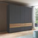 Armoire 226 cm WINDSOR avec 5 portes et 6 tiroirs en décor gris mat et chene halifax