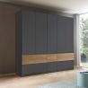 Armoire 226 cm WINDSOR avec 5 portes et 6 tiroirs en décor gris mat et chene halifax