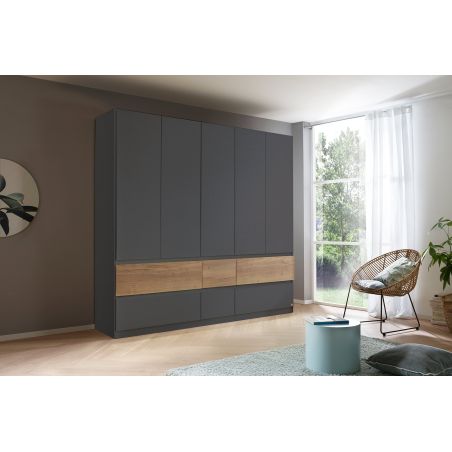 Armoire 226 cm WINDSOR avec 5 portes et 6 tiroirs en décor gris mat et chene halifax