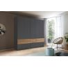 Armoire 226 cm WINDSOR avec 5 portes et 6 tiroirs en décor gris mat et chene halifax