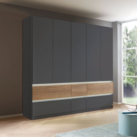 Armoire 226 cm WINDSOR avec 5 portes et 6 tiroirs en décor gris mat et chene halifax