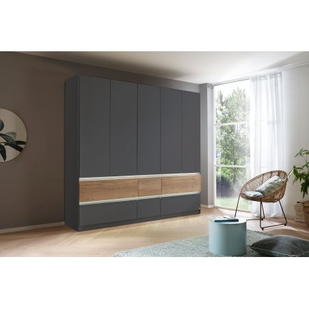 Armoire 226 cm WINDSOR avec 5 portes et 6 tiroirs en décor gris mat et chene halifax