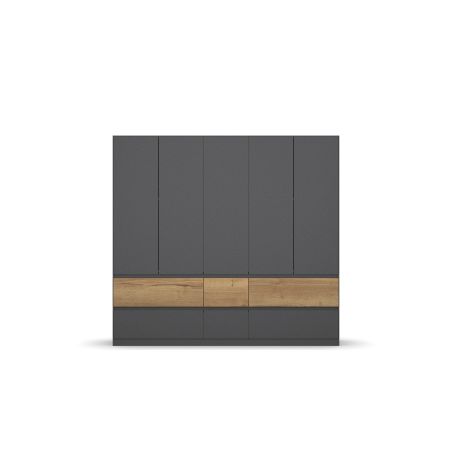 Armoire 226 cm WINDSOR avec 5 portes et 6 tiroirs en décor gris mat et chene halifax