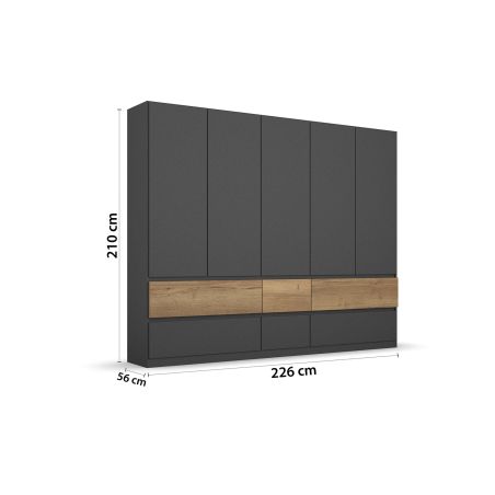Armoire 226 cm WINDSOR avec 5 portes et 6 tiroirs en décor gris mat et chene halifax