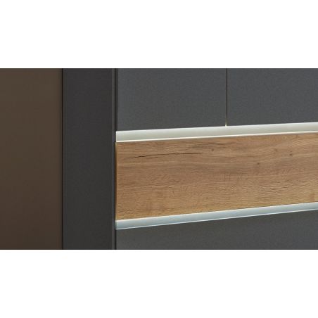 Armoire 226 cm WINDSOR avec 5 portes et 6 tiroirs en décor gris mat et chene halifax