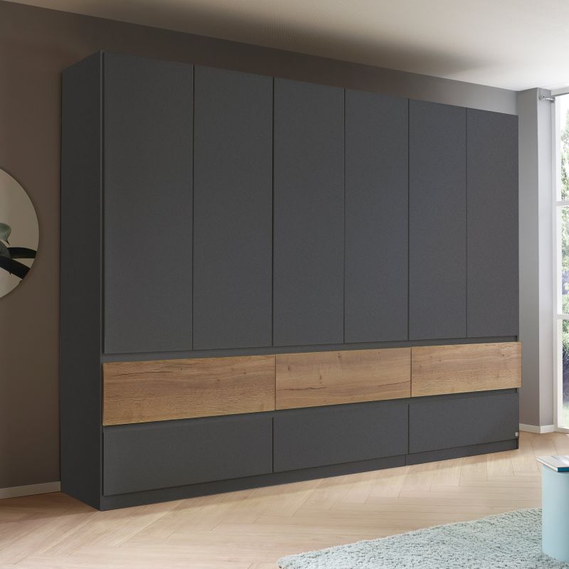 Armoire 271 cm WINDSOR avec 6 portes et 6 tiroirs en décor gris mat et chene halifax