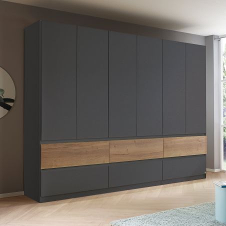 Armoire 271 cm WINDSOR avec 6 portes et 6 tiroirs en décor gris mat et chene halifax