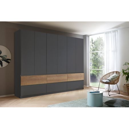 Armoire 271 cm WINDSOR avec 6 portes et 6 tiroirs en décor gris mat et chene halifax