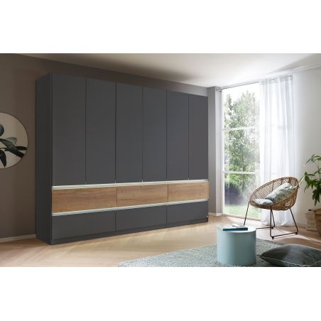 Armoire 271 cm WINDSOR avec 6 portes et 6 tiroirs en décor gris mat et chene halifax