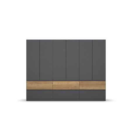 Armoire 271 cm WINDSOR avec 6 portes et 6 tiroirs en décor gris mat et chene halifax