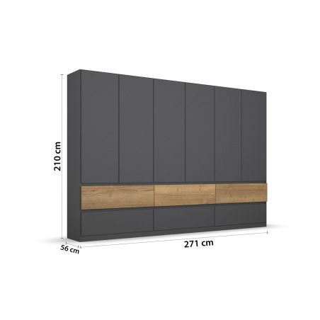 Armoire 271 cm WINDSOR avec 6 portes et 6 tiroirs en décor gris mat et chene halifax