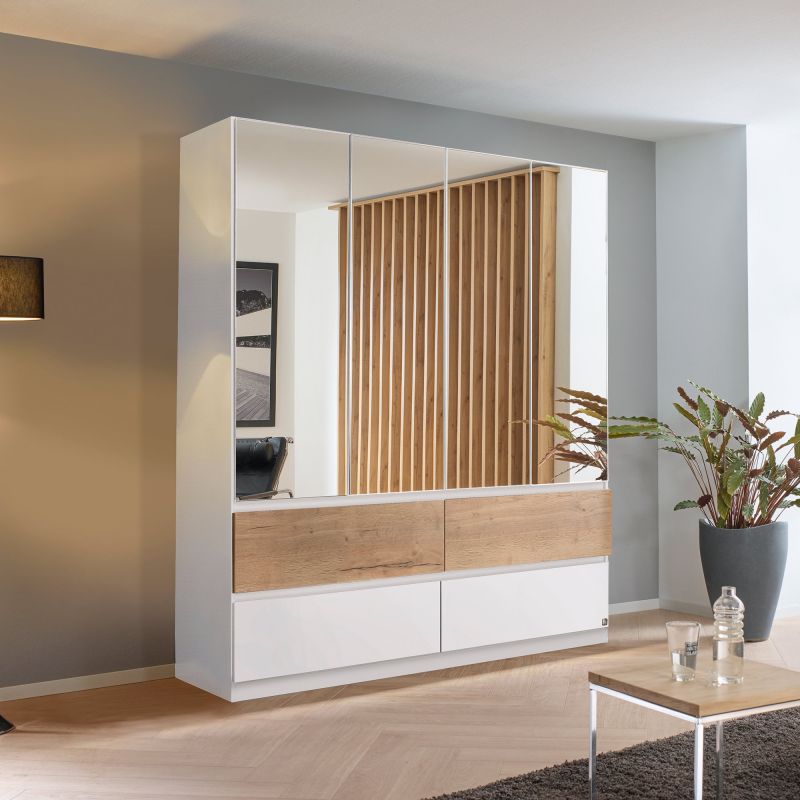 Armoire 181 cm WINDSOR avec 4 portes miroir et 4 tiroirs en décor blanc mat et chene halifax