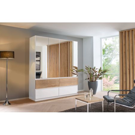 Armoire 181 cm WINDSOR avec 4 portes miroir et 4 tiroirs en décor blanc mat et chene halifax