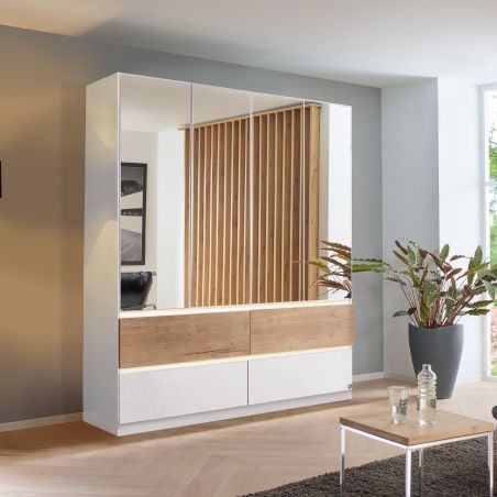 Armoire 181 cm WINDSOR avec 4 portes miroir et 4 tiroirs en décor blanc mat et chene halifax