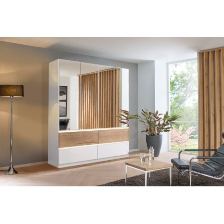 Armoire 181 cm WINDSOR avec 4 portes miroir et 4 tiroirs en décor blanc mat et chene halifax