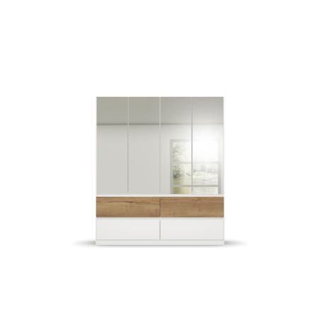 Armoire 181 cm WINDSOR avec 4 portes miroir et 4 tiroirs en décor blanc mat et chene halifax