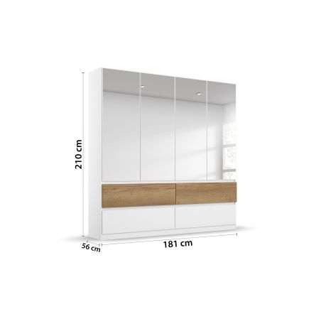 Armoire 181 cm WINDSOR avec 4 portes miroir et 4 tiroirs en décor blanc mat et chene halifax