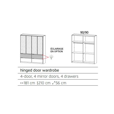 Armoire 181 cm WINDSOR avec 4 portes miroir et 4 tiroirs en décor blanc mat et chene halifax